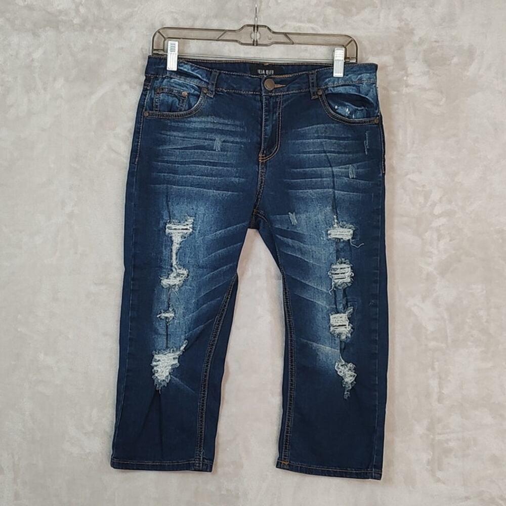Deja Bleu Premium Distressed Capri Jeans Dark Wash Ripped Cropped Denim Size 11